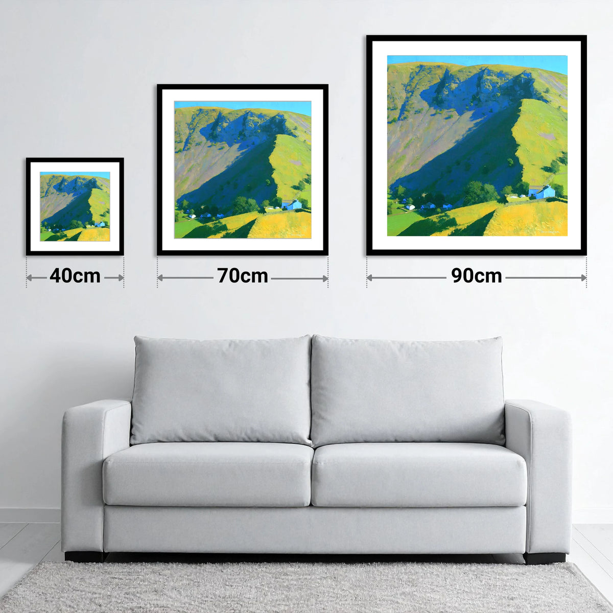 Vibrant Shadows on Bonscale Pike - size guide showing 40cm, 70cm and 90cm art prints