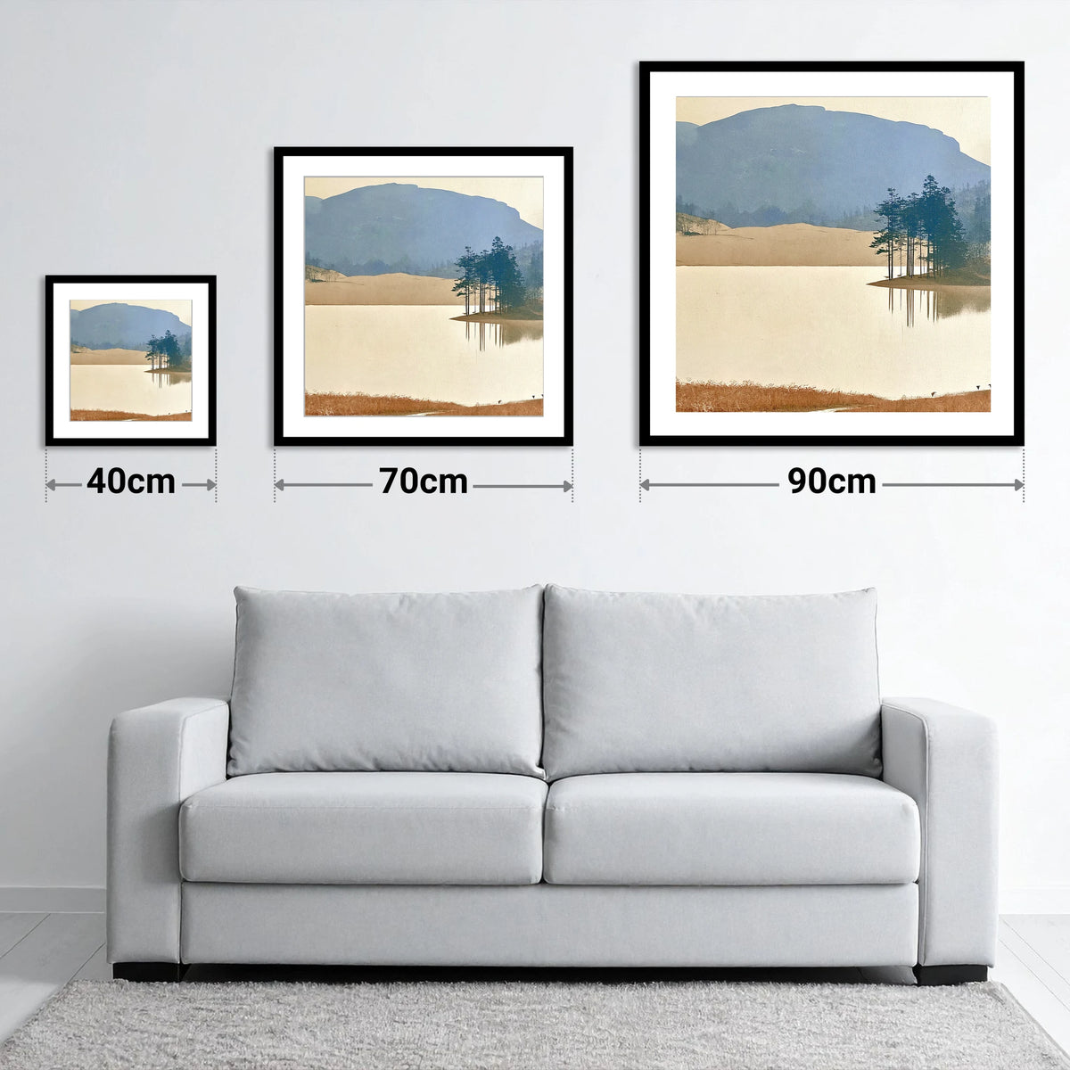 Reflected Pines at Tarn Hows - size guide showing 40cm, 70cm and 90cm art prints