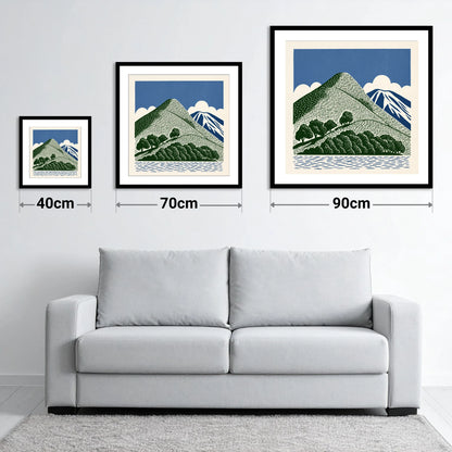 Catbells in Green and Navy - size guide showing 40cm, 70cm and 90cm art prints