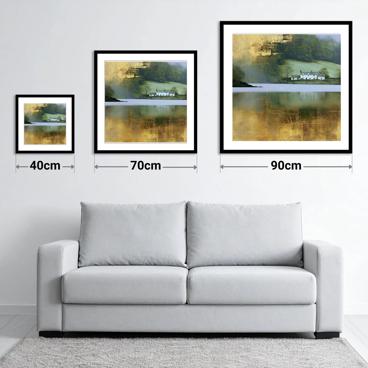 Golden Reflections on Coniston Water - size guide showing 40cm, 70cm and 90cm art prints