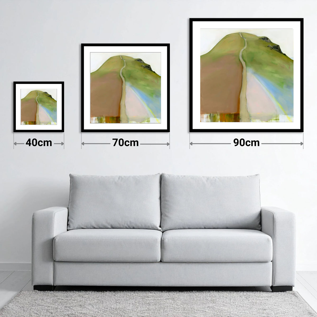 Contemporary Winding Path up Cat Bells - size guide showing 40cm, 70cm and 90cm art prints