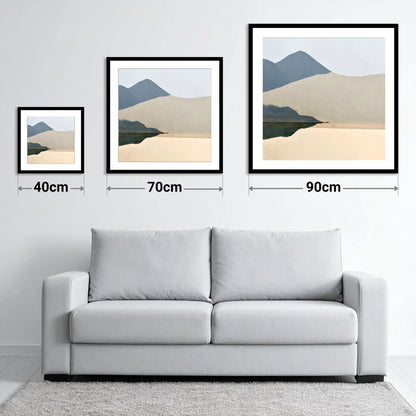 Lakeshore Reflection and Slate Blue Fells - size guide showing 40cm, 70cm and 90cm art prints