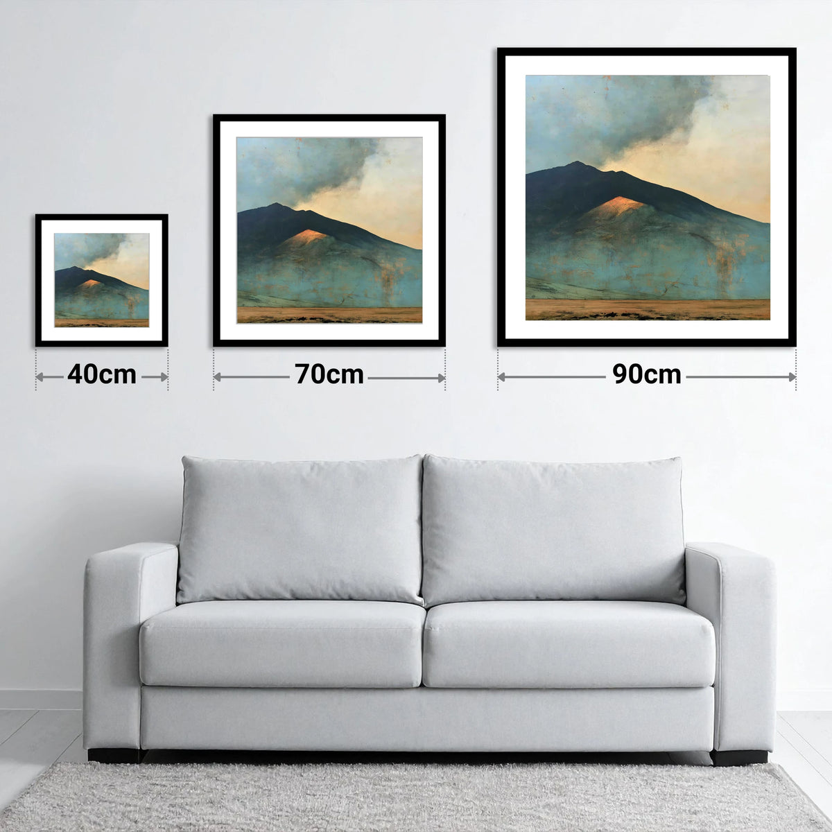 Sunlit Slope on Blencathra Ridge - size guide showing 40cm, 70cm and 90cm art prints