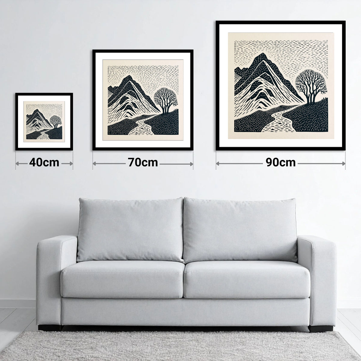 Graphic Bowfell and Lone Tree - size guide showing 40cm, 70cm and 90cm art prints