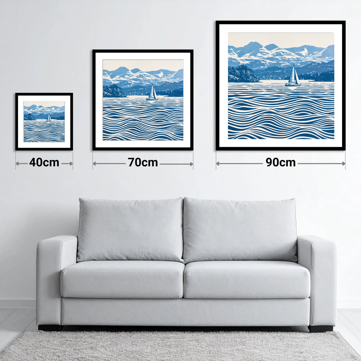 Windermere Sailboat in Cobalt Blue - size guide showing 40cm, 70cm and 90cm art prints