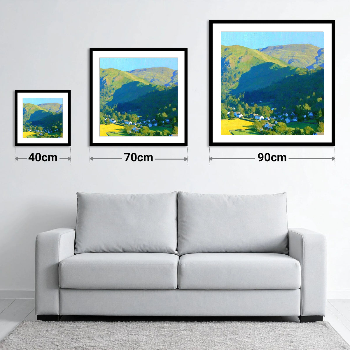 Sunlight on Silver How Ridge - size guide showing 40cm, 70cm and 90cm art prints