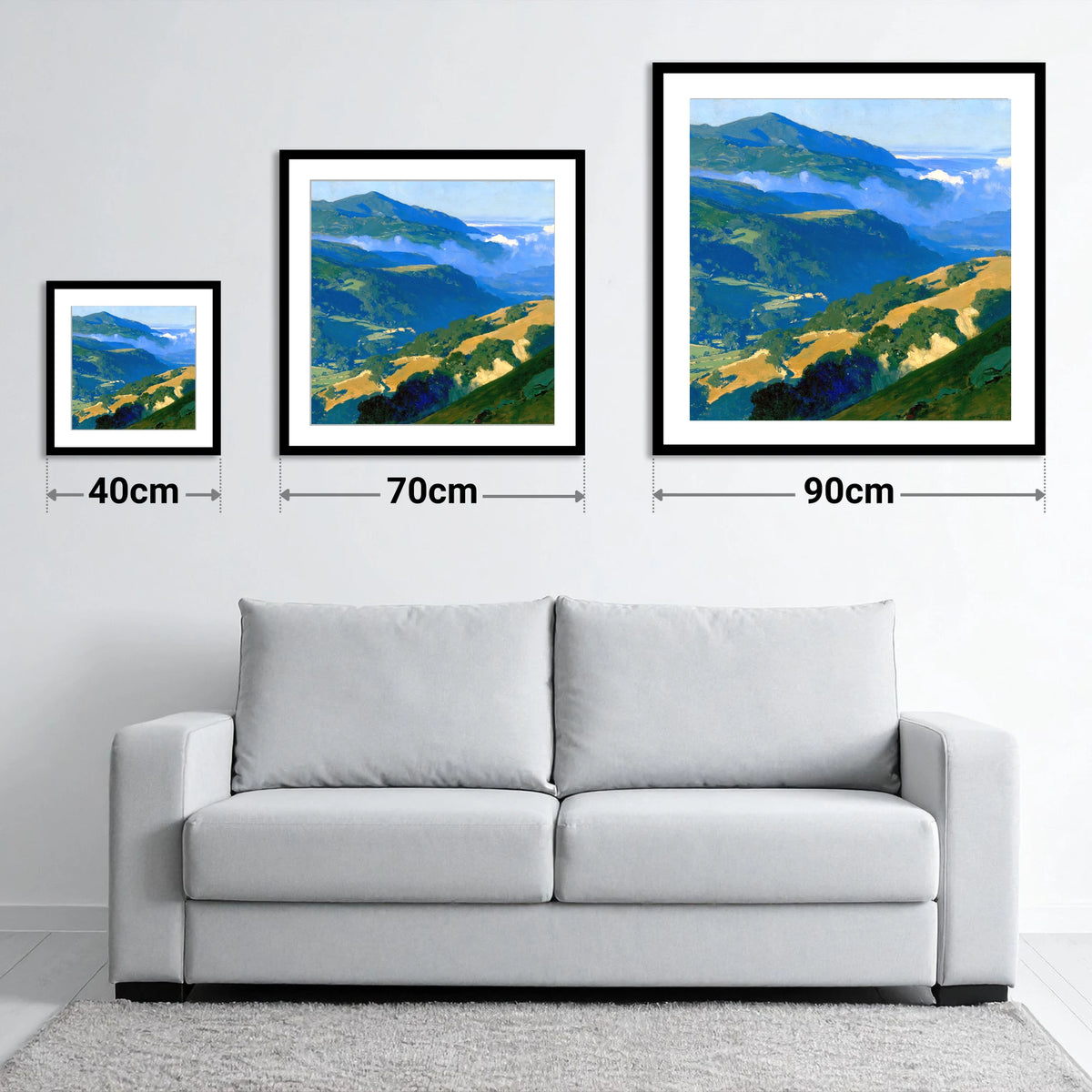 Sunlit Fells and Valley Mist - size guide showing 40cm, 70cm and 90cm art prints