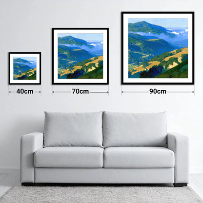 Sunlit Fells and Valley Mist - size guide showing 40cm, 70cm and 90cm art prints