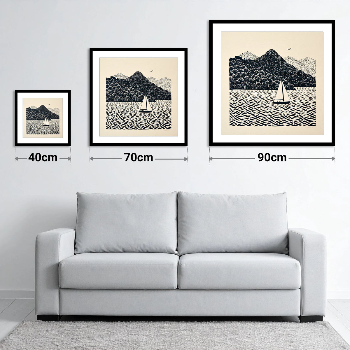 Monochrome Windermere Sailboat - size guide showing 40cm, 70cm and 90cm art prints
