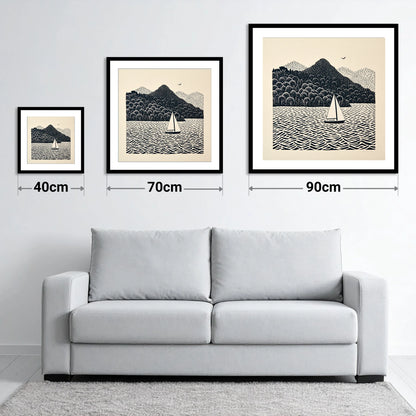 Monochrome Windermere Sailboat - size guide showing 40cm, 70cm and 90cm art prints
