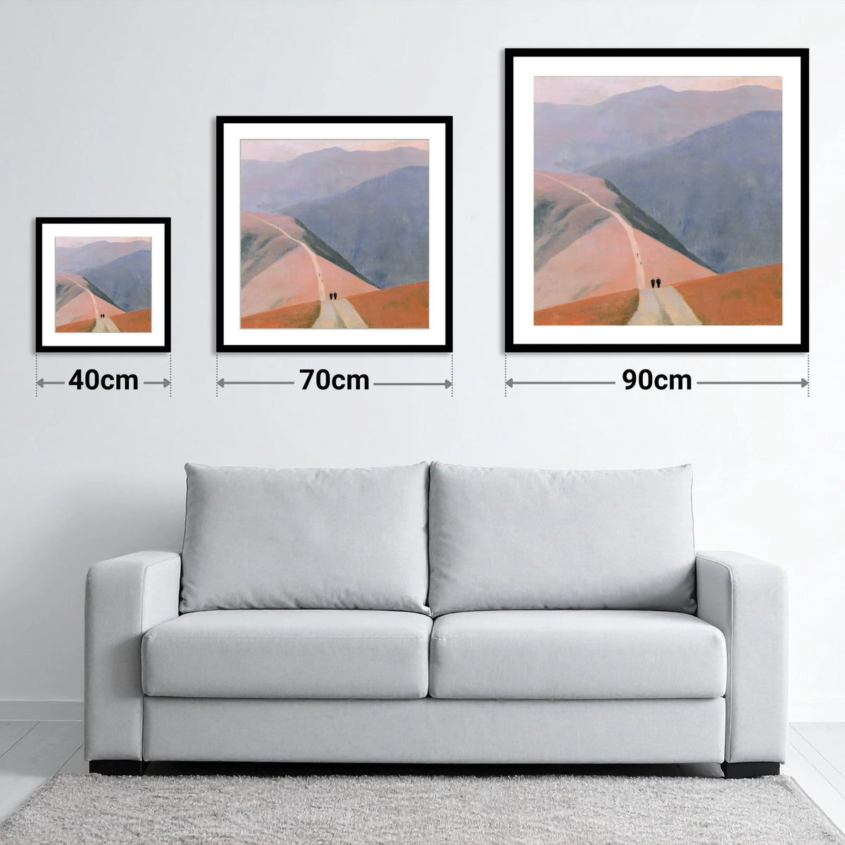 Walkers on a Pastel Mountain Path - size guide showing 40cm, 70cm and 90cm art prints