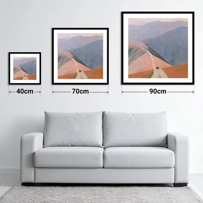 Walkers on a Pastel Mountain Path - size guide showing 40cm, 70cm and 90cm art prints