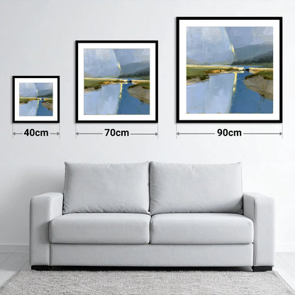 Golden Rainbow Over the River - size guide showing 40cm, 70cm and 90cm art prints