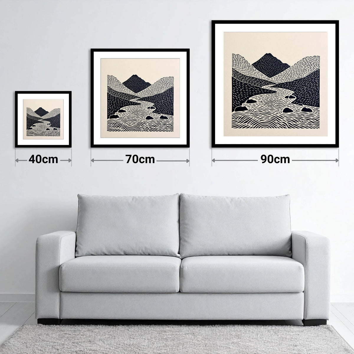 Bold Scafell Pike and Beck - size guide showing 40cm, 70cm and 90cm art prints
