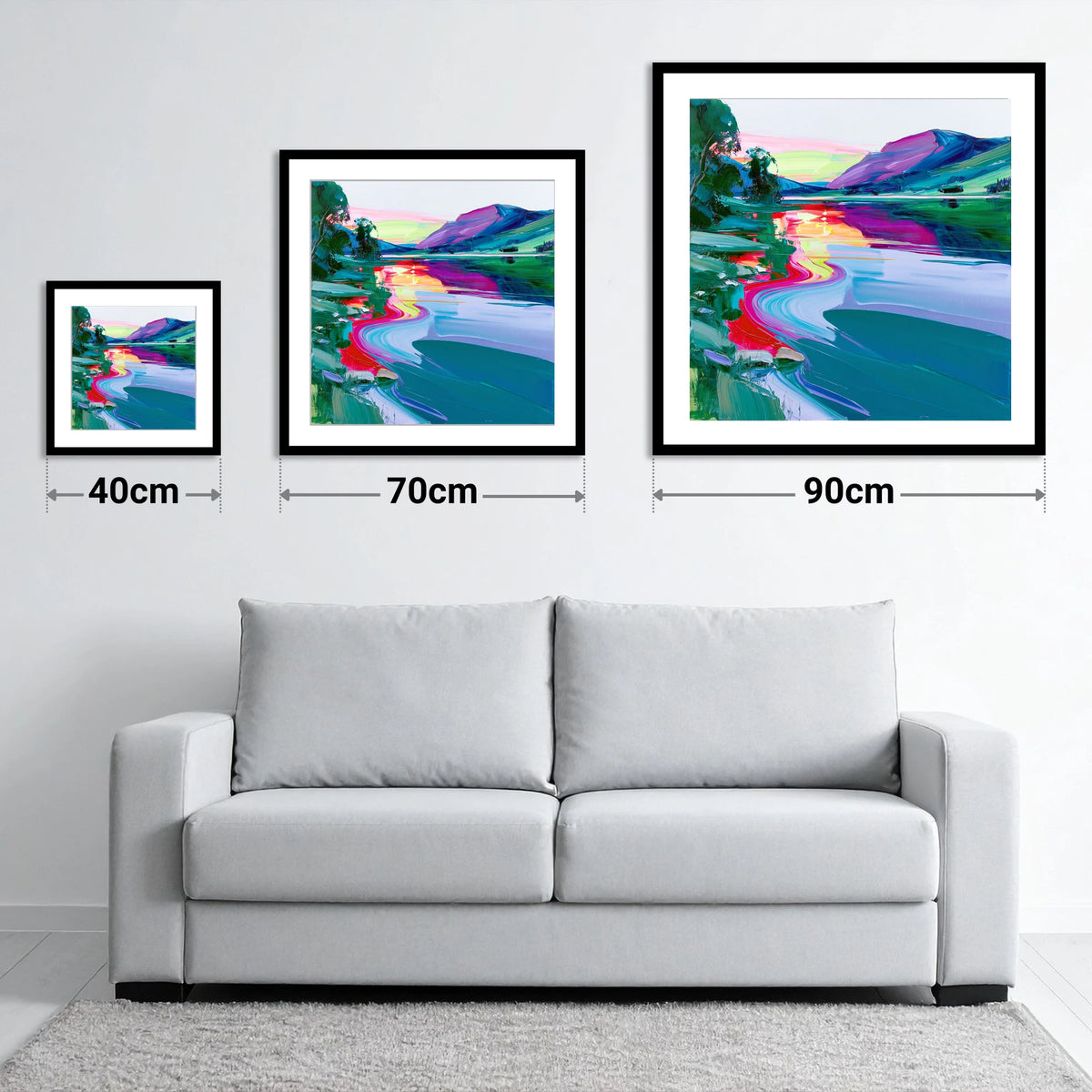 Vivid Mountain Lake Sunset - size guide showing 40cm, 70cm and 90cm art prints
