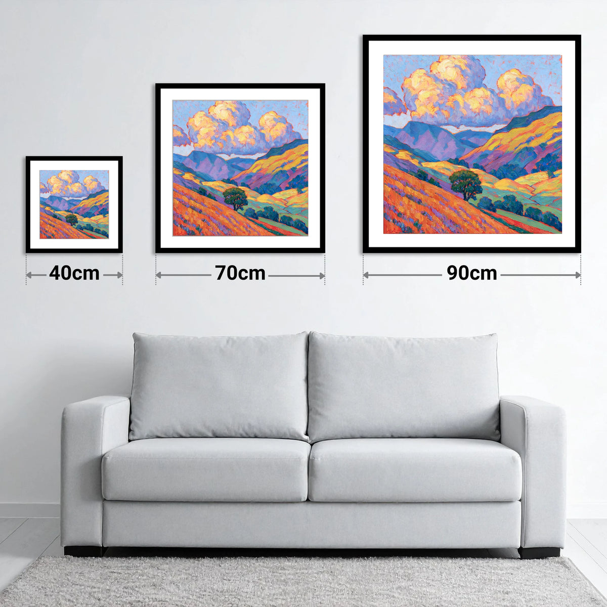 Golden Fellside with Violet Shadows - size guide showing 40cm, 70cm and 90cm art prints