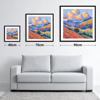 Golden Fellside with Violet Shadows - size guide showing 40cm, 70cm and 90cm art prints