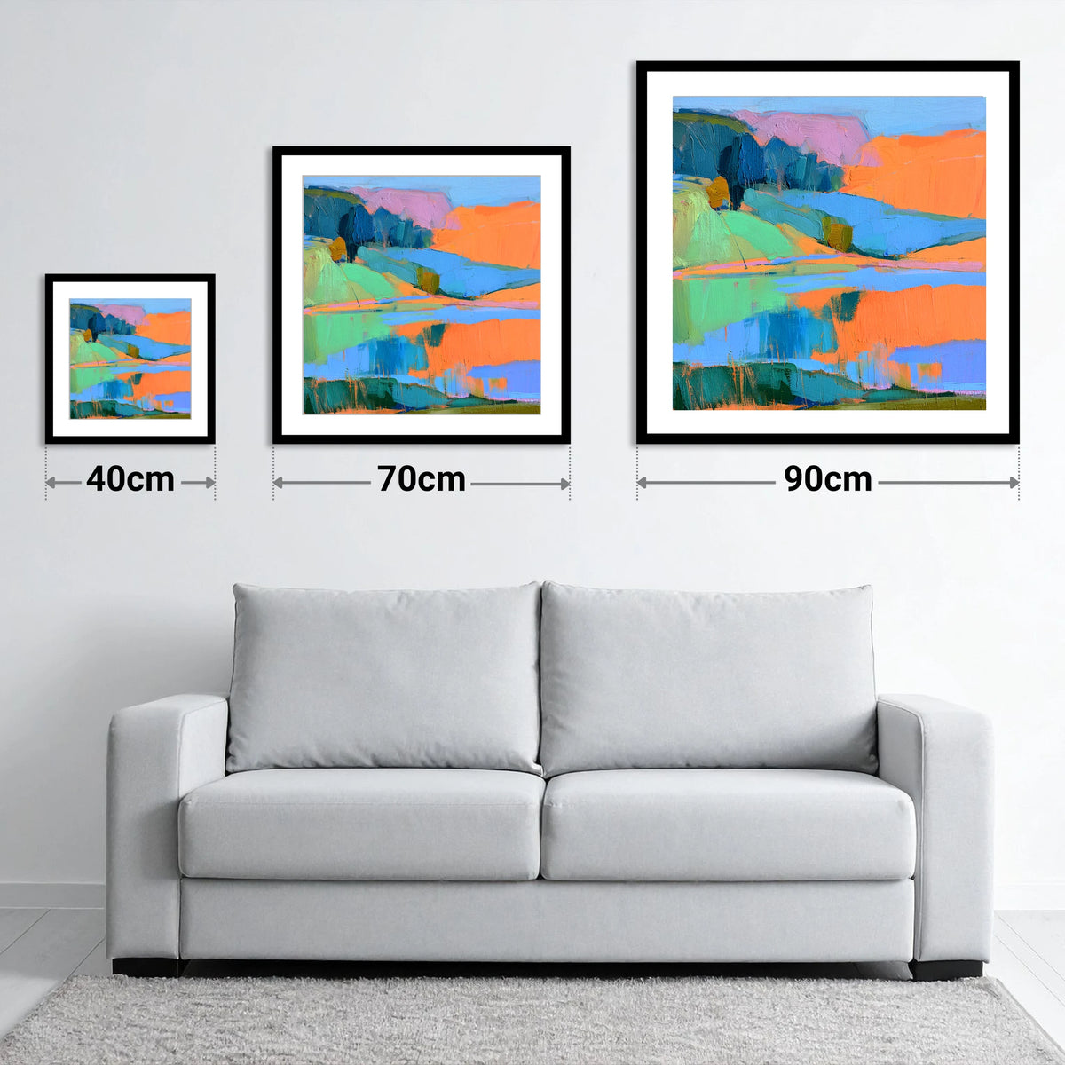 Vibrant Calm Lake Reflections - size guide showing 40cm, 70cm and 90cm art prints