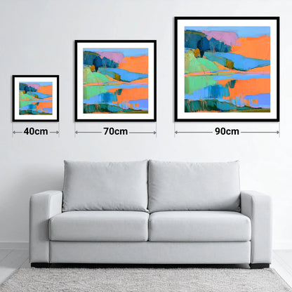 Vibrant Calm Lake Reflections - size guide showing 40cm, 70cm and 90cm art prints