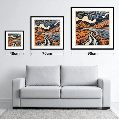 Ennerdale in Navy and Terracotta - size guide showing 40cm, 70cm and 90cm art prints