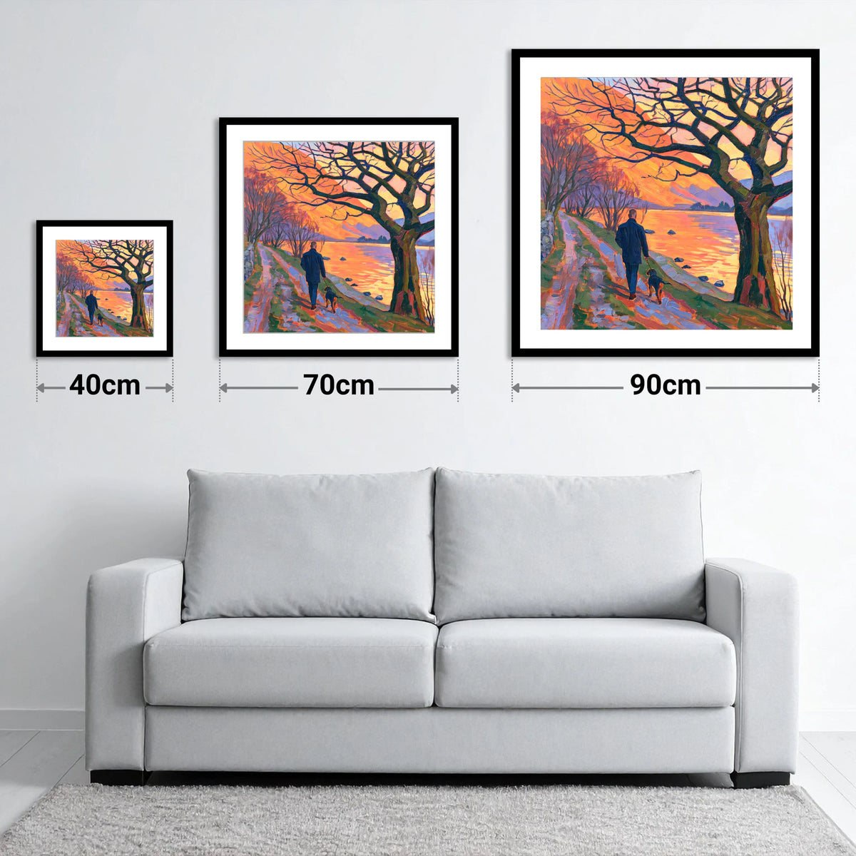 Vibrant Glenridding Sunset Dog Walk - size guide showing 40cm, 70cm and 90cm art prints