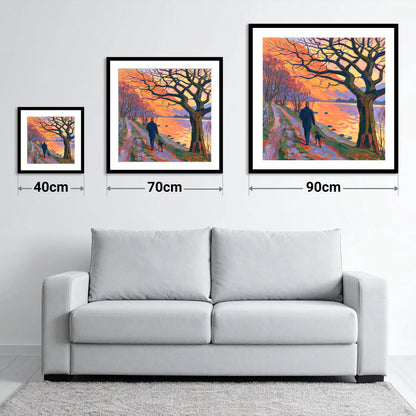 Vibrant Glenridding Sunset Dog Walk - size guide showing 40cm, 70cm and 90cm art prints