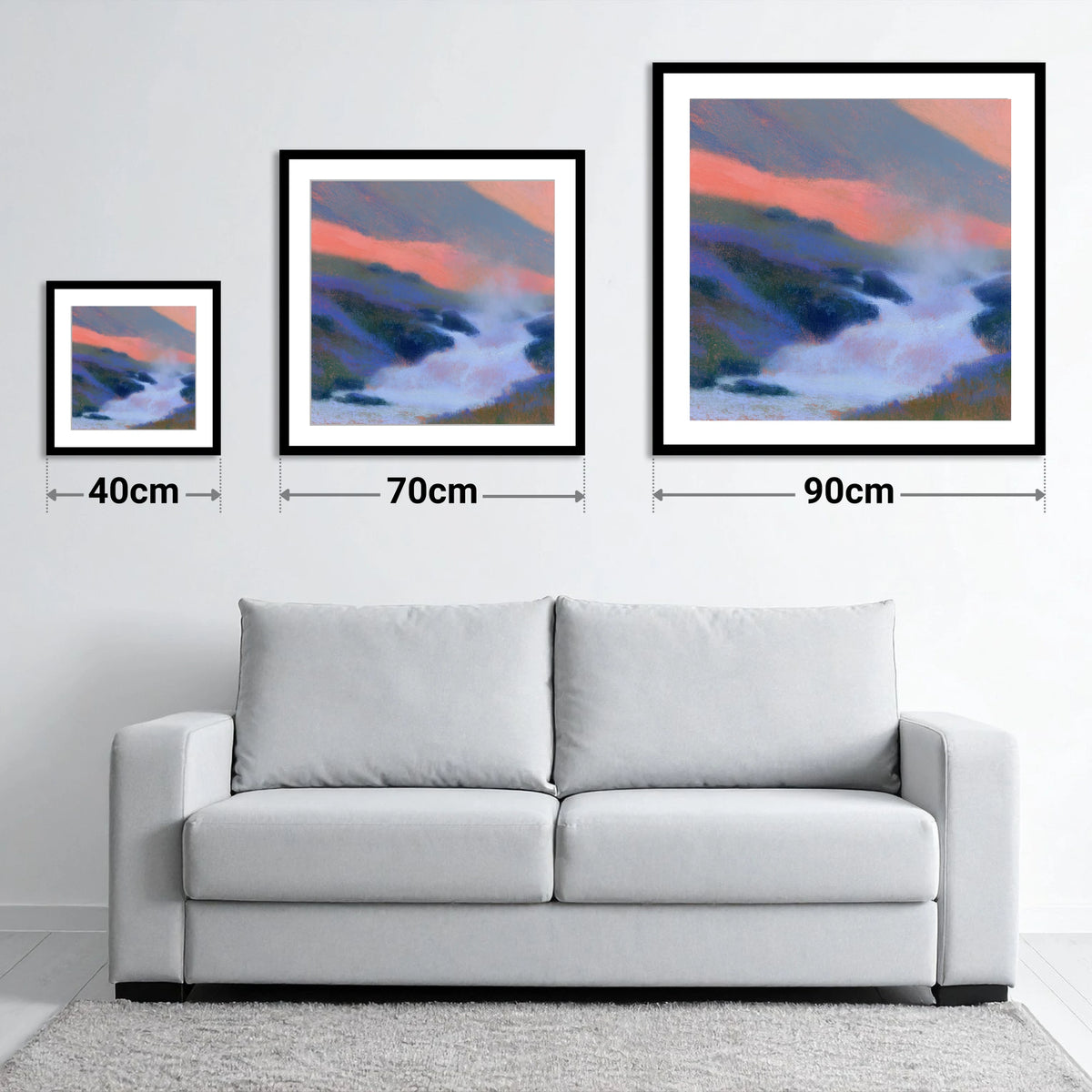 Pink Twilight Over Fellside Beck - size guide showing 40cm, 70cm and 90cm art prints