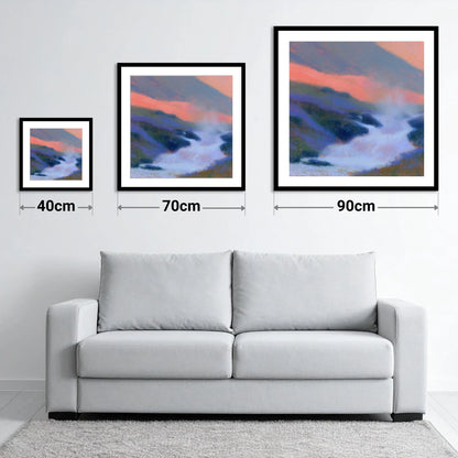 Pink Twilight Over Fellside Beck - size guide showing 40cm, 70cm and 90cm art prints