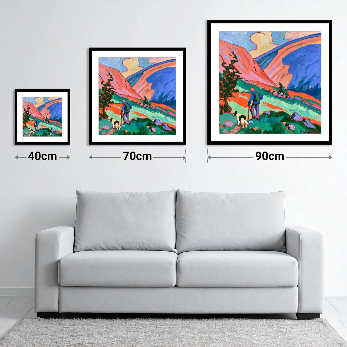 Vibrant Dog Walk on Threlkeld - size guide showing 40cm, 70cm and 90cm art prints