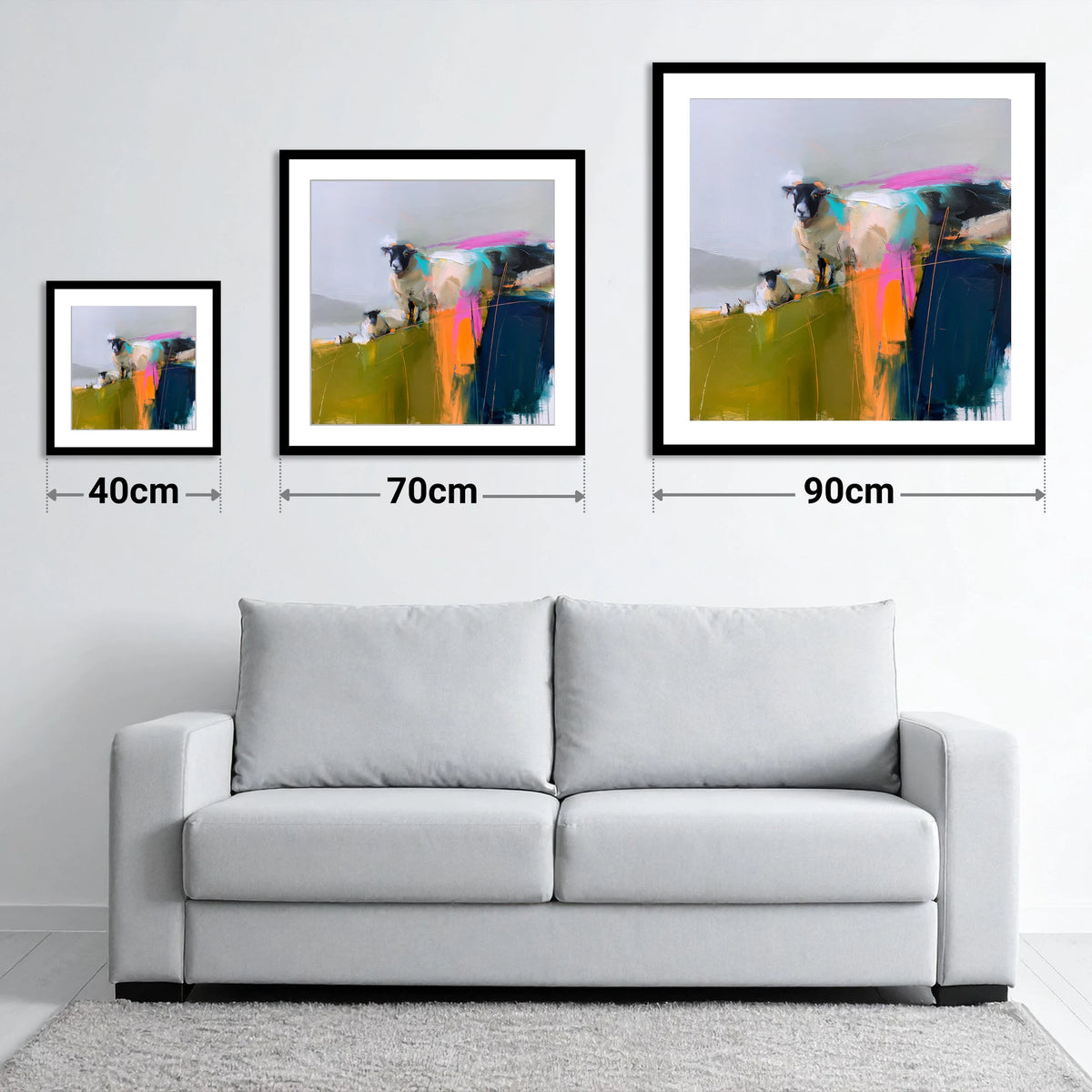 Vibrant Herdwick Sheep on Fellside - size guide showing 40cm, 70cm and 90cm art prints