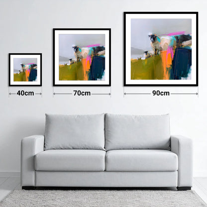 Vibrant Herdwick Sheep on Fellside - size guide showing 40cm, 70cm and 90cm art prints