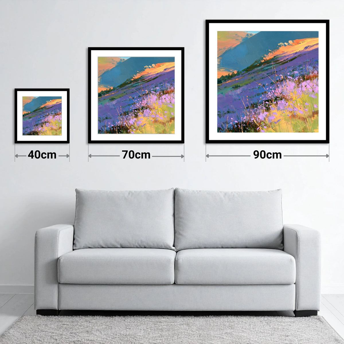 Radiant Heather Fellside at Sunset - size guide showing 40cm, 70cm and 90cm art prints