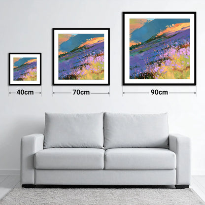 Radiant Heather Fellside at Sunset - size guide showing 40cm, 70cm and 90cm art prints