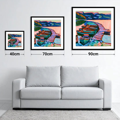 Bold Windermere Boats and Jetty - size guide showing 40cm, 70cm and 90cm art prints