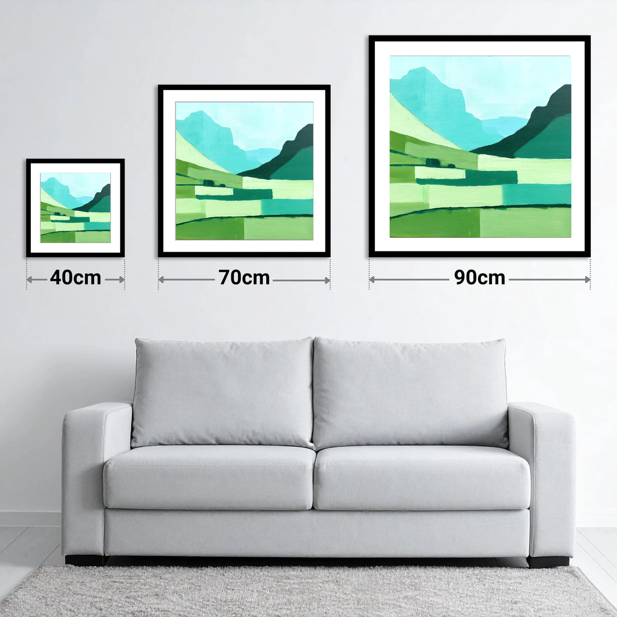 Abstract Great Langdale Valley - size guide showing 40cm, 70cm and 90cm art prints