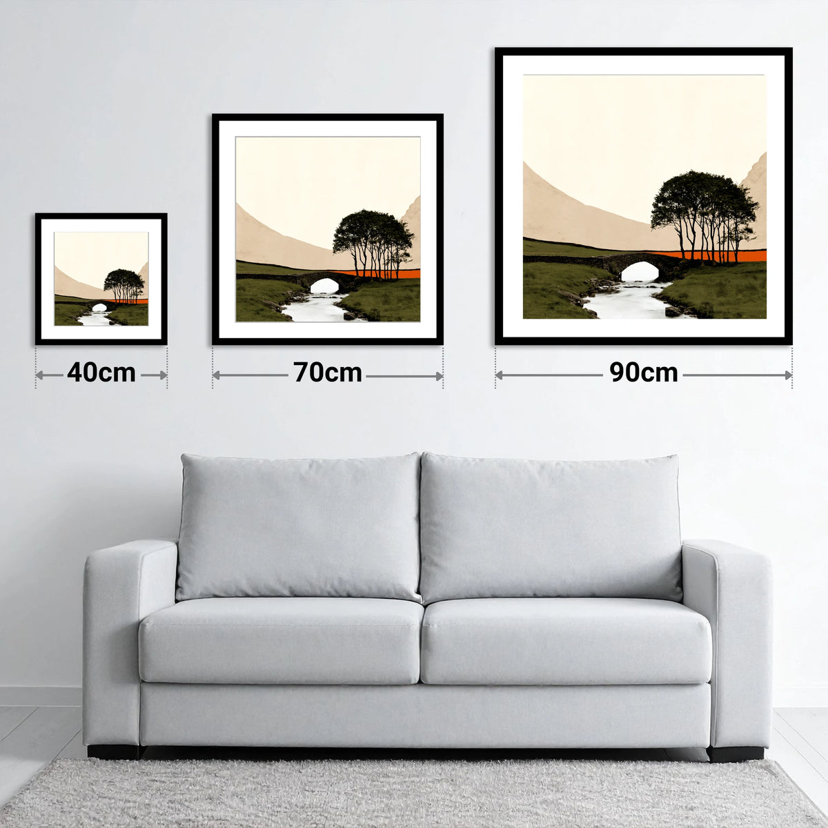 Stone Bridge With Silhouetted Trees - size guide showing 40cm, 70cm and 90cm art prints