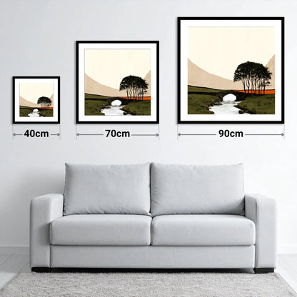 Stone Bridge With Silhouetted Trees - size guide showing 40cm, 70cm and 90cm art prints