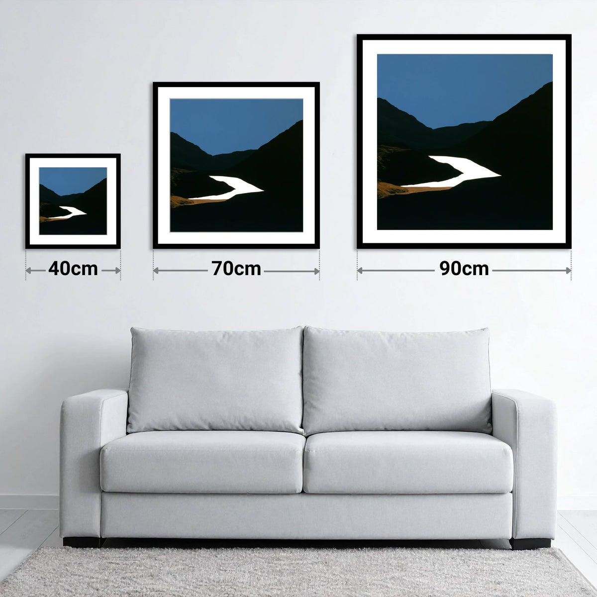 Luminous Lake Below Dark Fells - size guide showing 40cm, 70cm and 90cm art prints