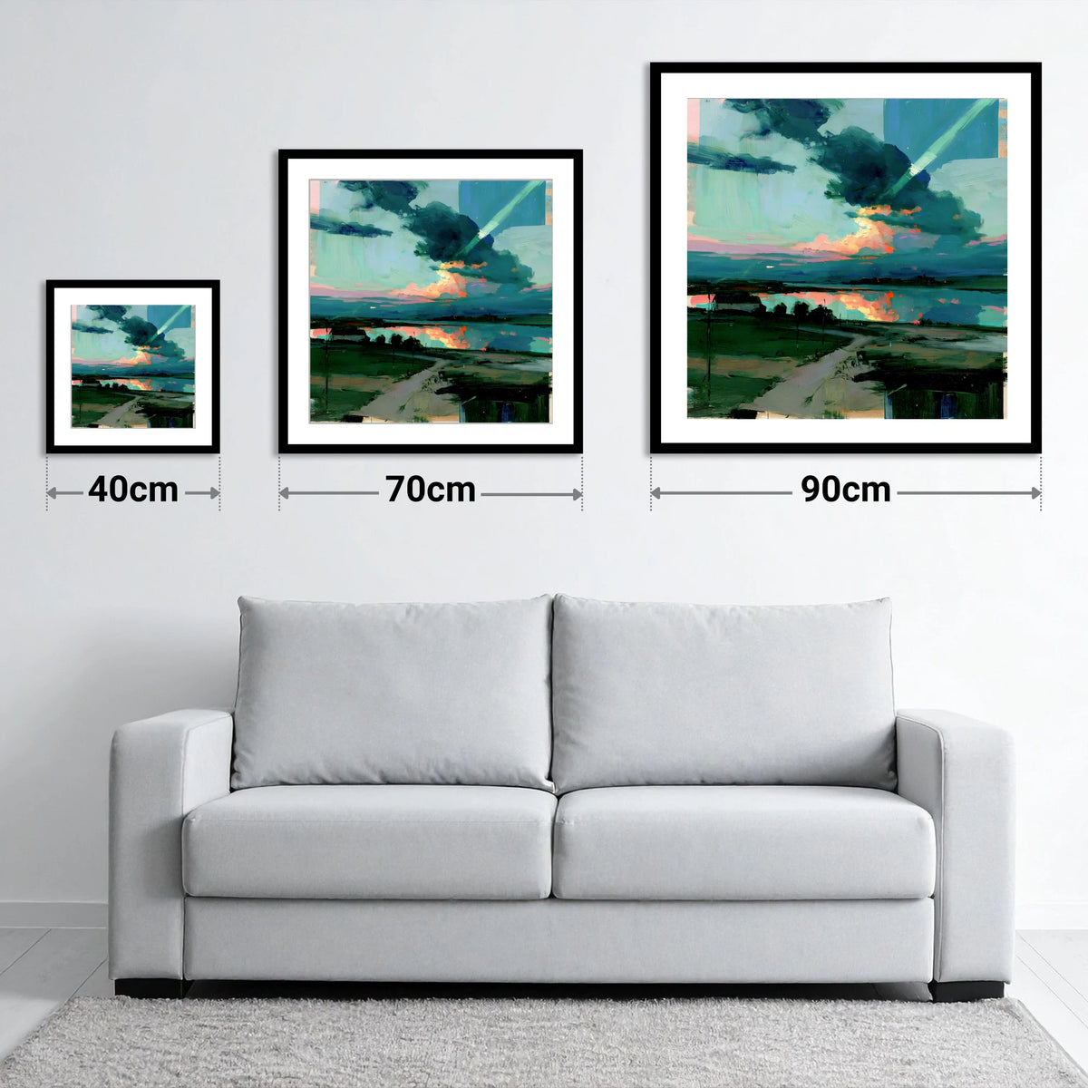 Fiery Sky Over The Lake - size guide showing 40cm, 70cm and 90cm art prints