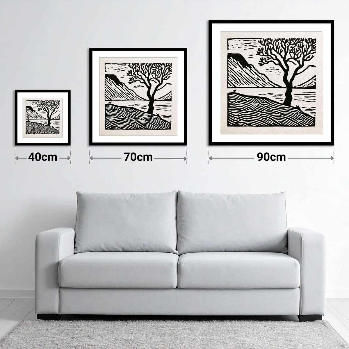 Monochrome Wasdale Fells and Tree - size guide showing 40cm, 70cm and 90cm art prints