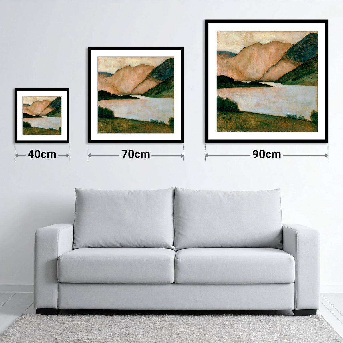 Lake And Fells In Warm Light - size guide showing 40cm, 70cm and 90cm art prints