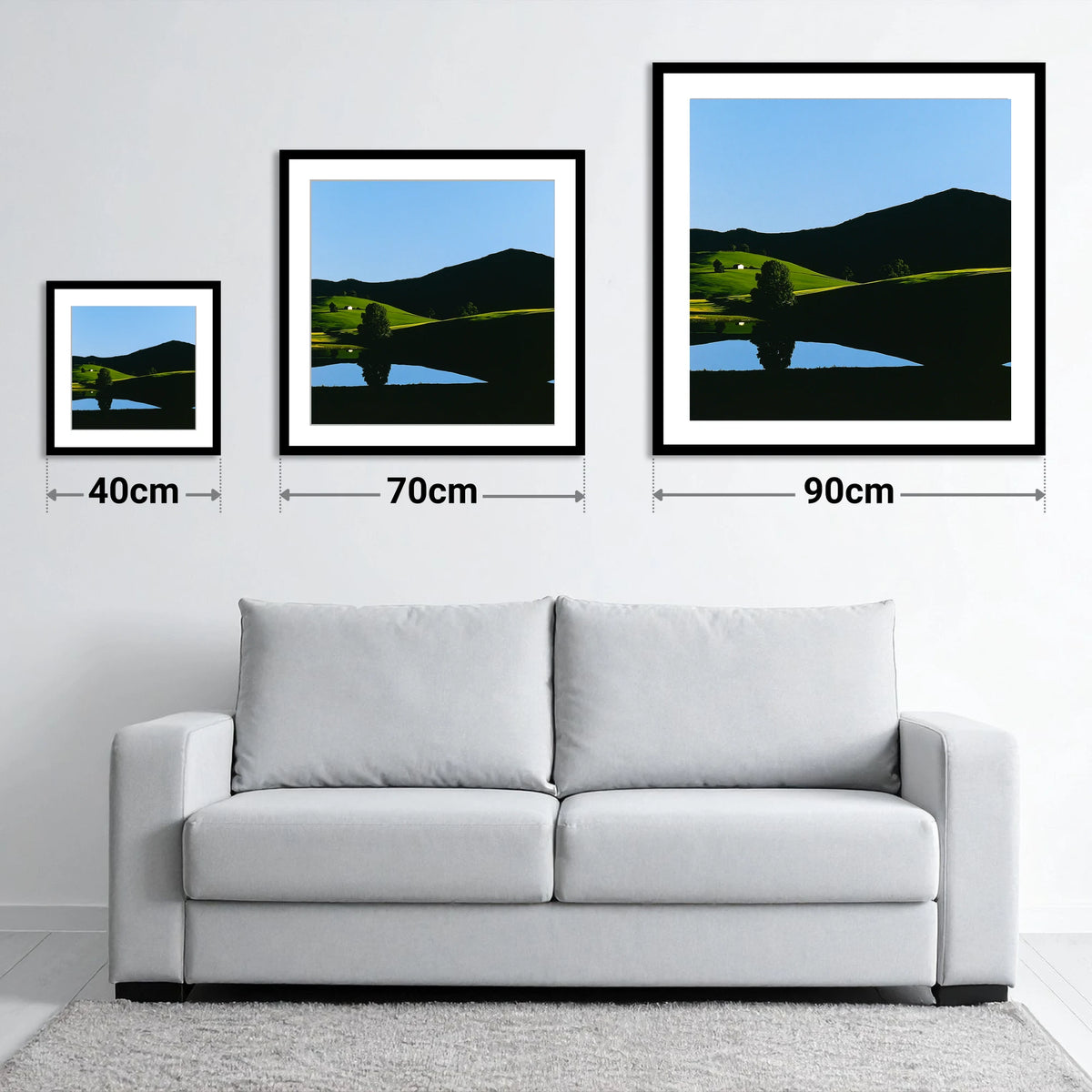 Sunlit Fells and Shadowed Peak - size guide showing 40cm, 70cm and 90cm art prints