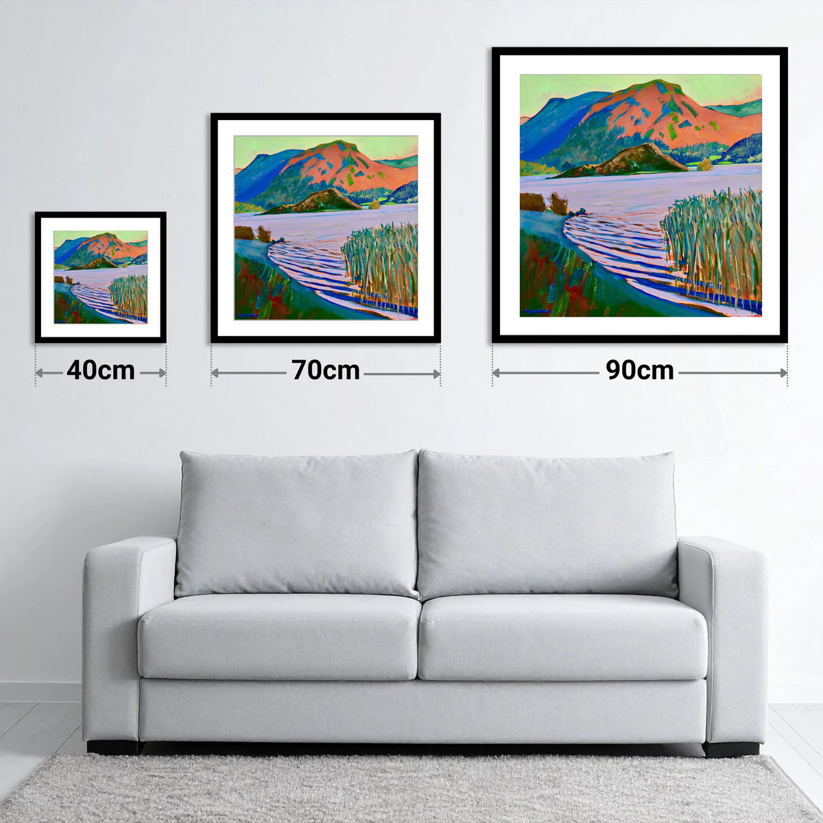 Grasmere Reeds and Vibrant Fells - size guide showing 40cm, 70cm and 90cm art prints