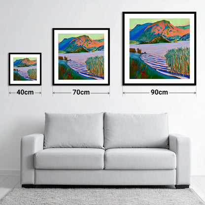 Grasmere Reeds and Vibrant Fells - size guide showing 40cm, 70cm and 90cm art prints