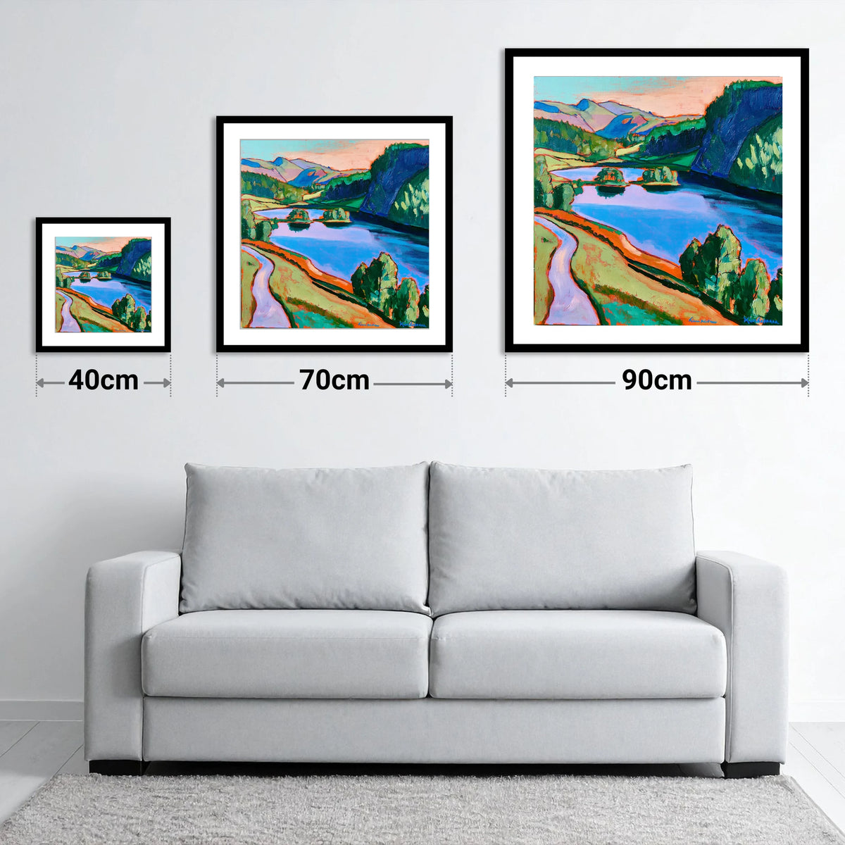 Colourful Path Beside Rydal Water - size guide showing 40cm, 70cm and 90cm art prints