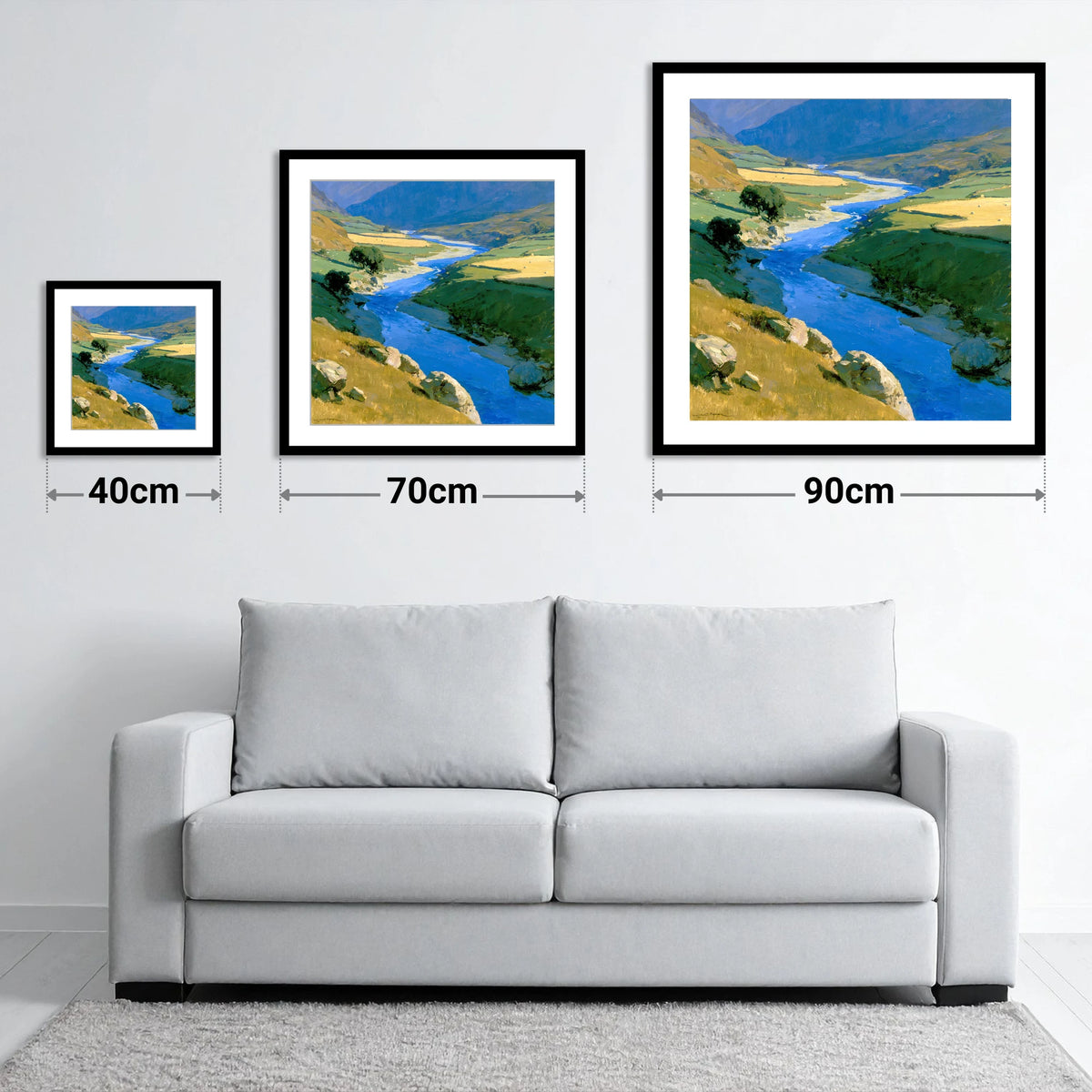 Winding Blue River Valley - size guide showing 40cm, 70cm and 90cm art prints