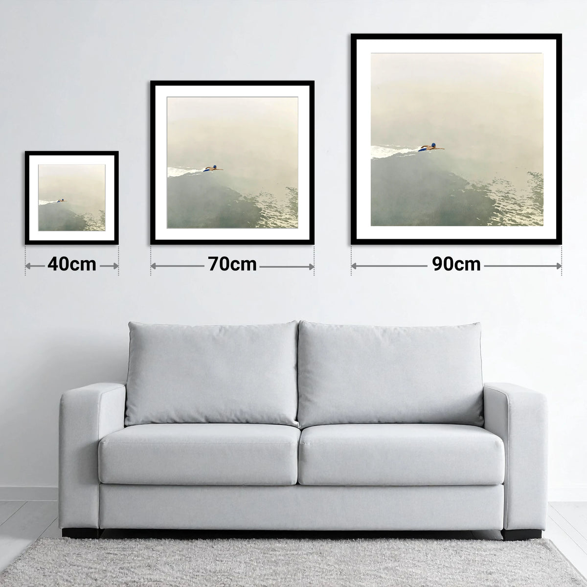 Open Water Swimmer in Morning Mist - size guide showing 40cm, 70cm and 90cm art prints