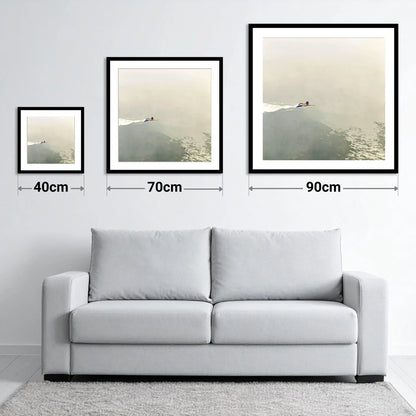 Open Water Swimmer in Morning Mist - size guide showing 40cm, 70cm and 90cm art prints