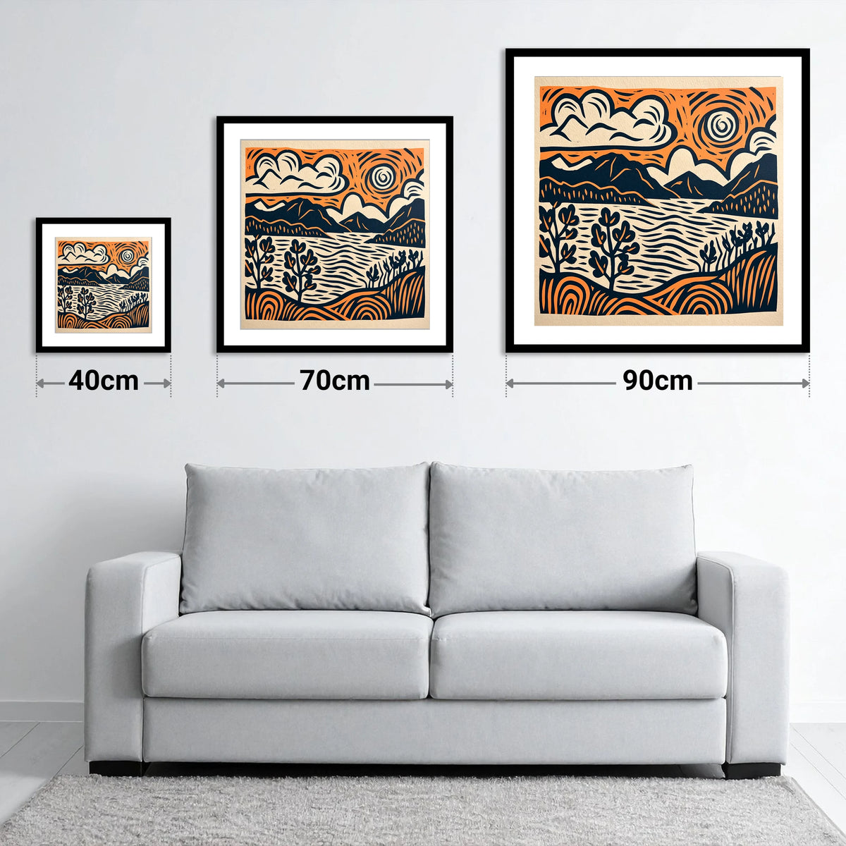 Windermere in Navy and Terracotta - size guide showing 40cm, 70cm and 90cm art prints