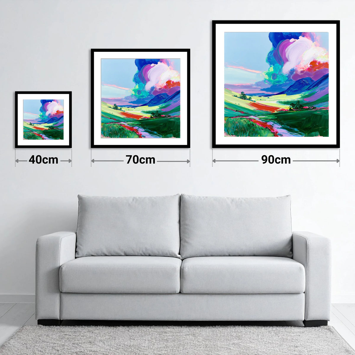 Vibrant Storm Over The Fells - size guide showing 40cm, 70cm and 90cm art prints